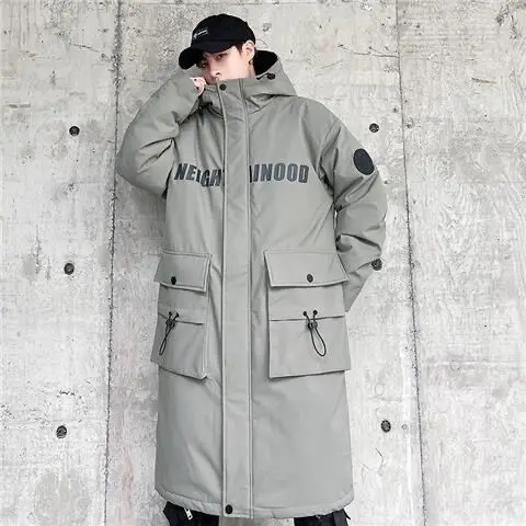 Techwear Down Cotton Jacket Men\'s Oversize Mid Length Workwear Cold Weather Clothing Winter Pockets Thick Hooded Parkas