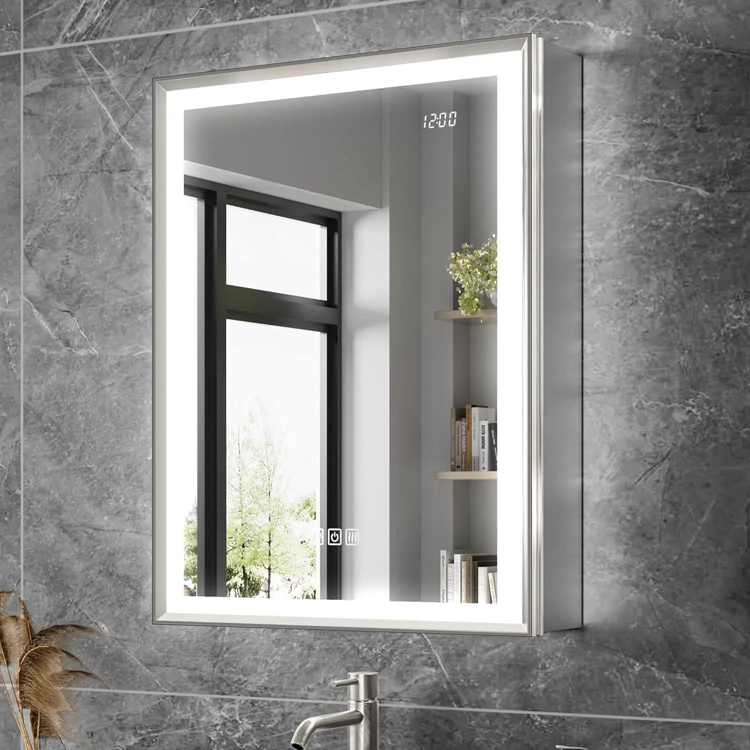 ##20x26 Fogless LED Medicine Cabinet Mirror Dimmable Outlet Time Sensor Light Surface Recessed Right Hinge, Customized