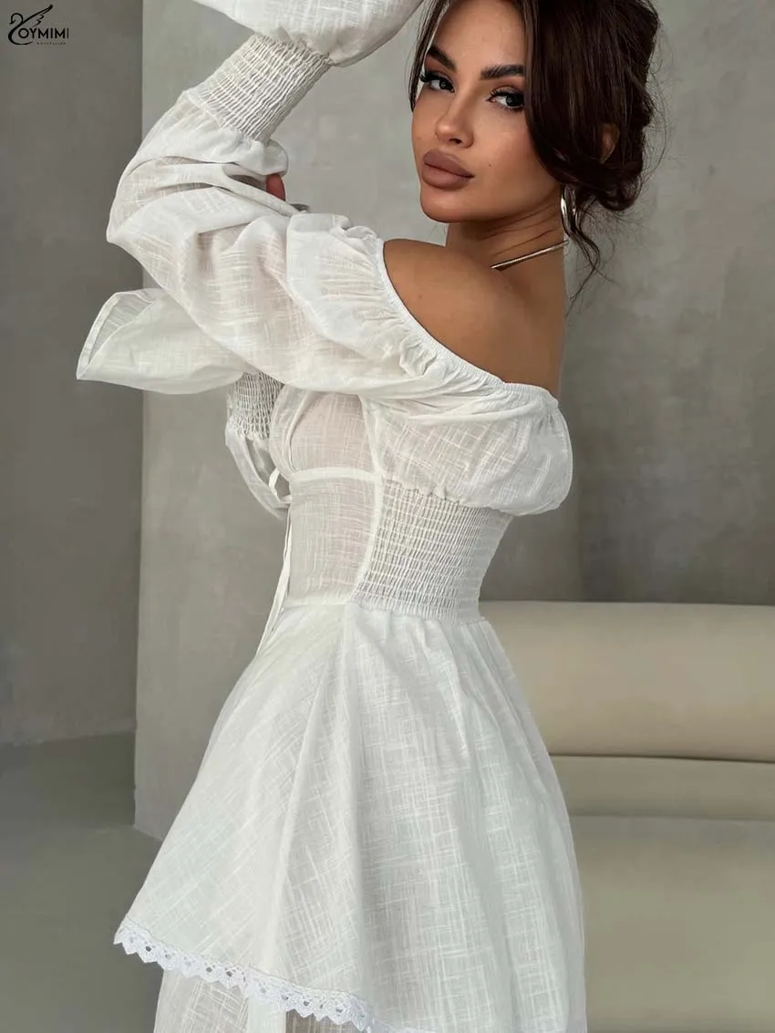 Oymimi ファッション ホワイトコットン 2 ピースセット女性の服装エレガントなストラップレス長袖レースアップボタンシャツとレースショーツセット