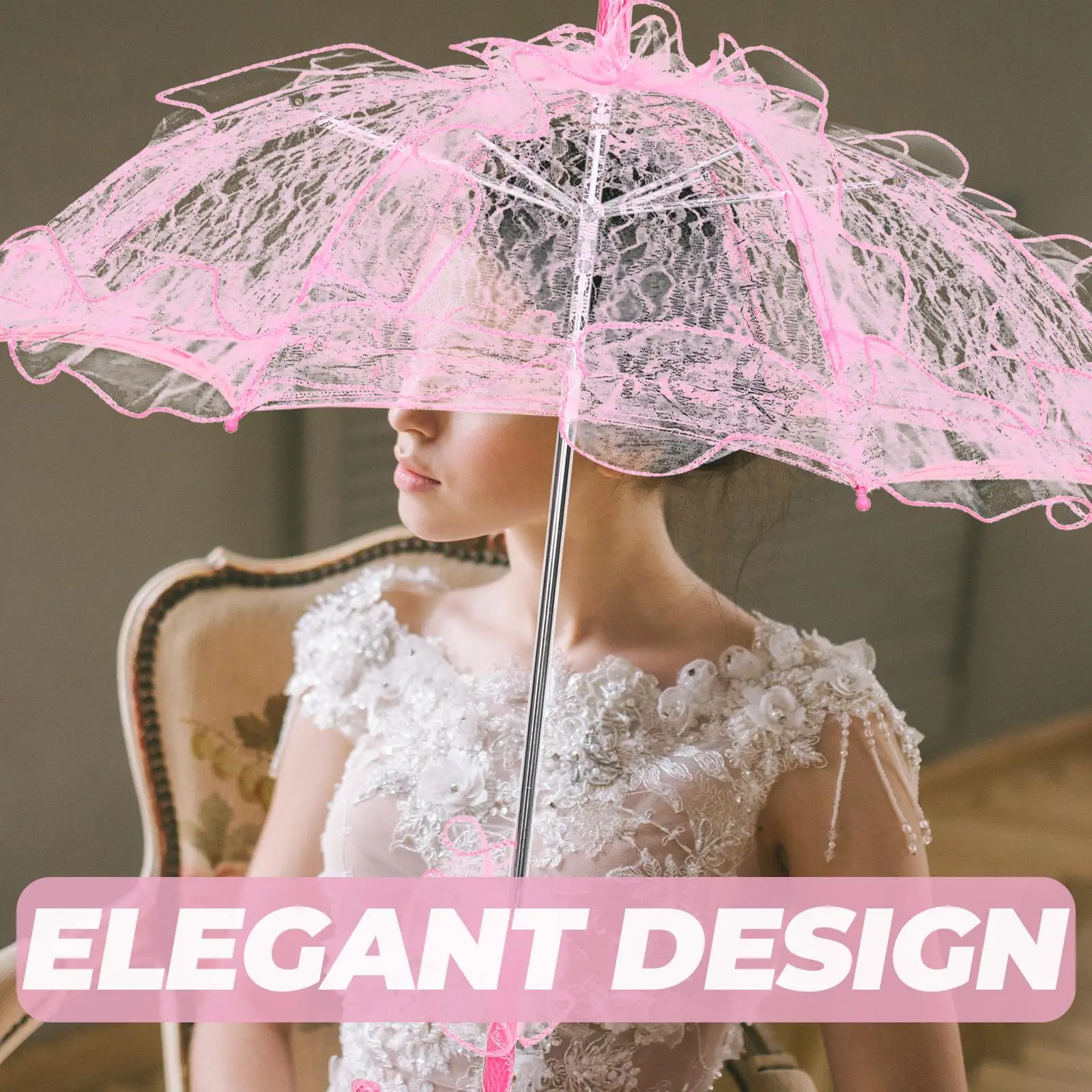 Pink Decor Wedding Dress Lace Cotton Parasol Ruffles Embroidery Umbrella Bride for Kids