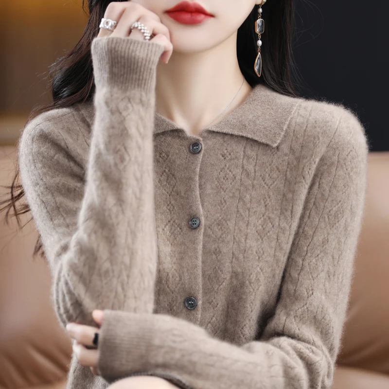 Women's lapels pure wool line-up cardigan autumn and winter new Merino cashmere sweater openwork long sleeves formal knit