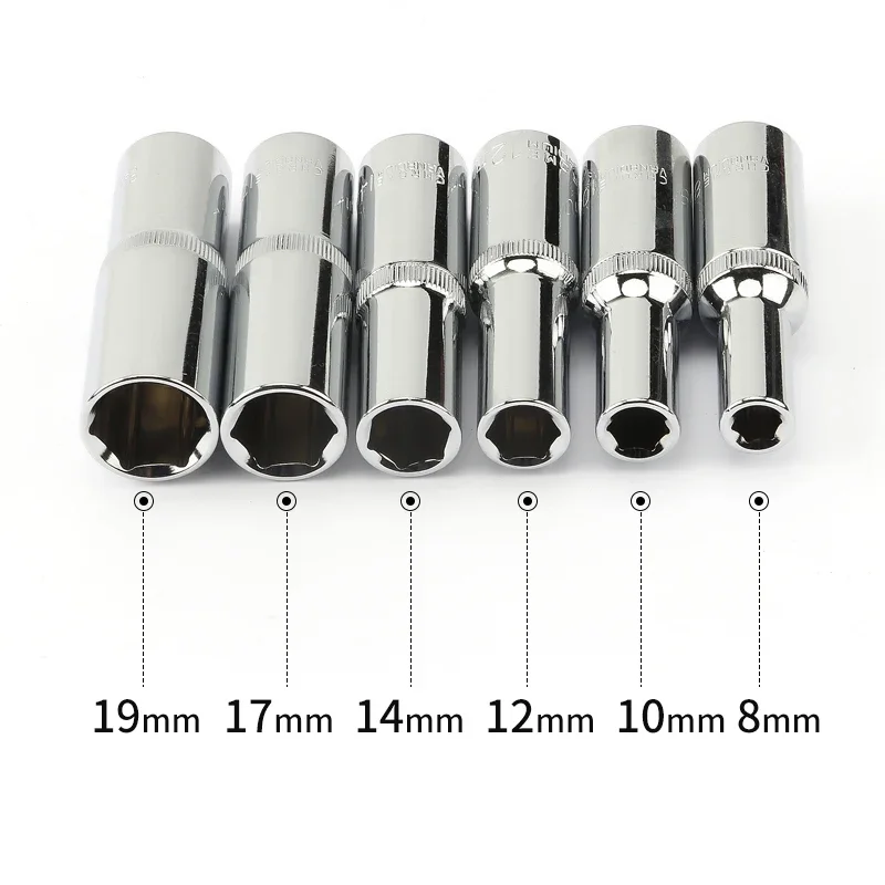 6pcs 1/2 Inch Deep Sockets Set 12.5mm Square Hole 78mm Length Auto Repair Hand Tools 8 10 12 14 17 19mm