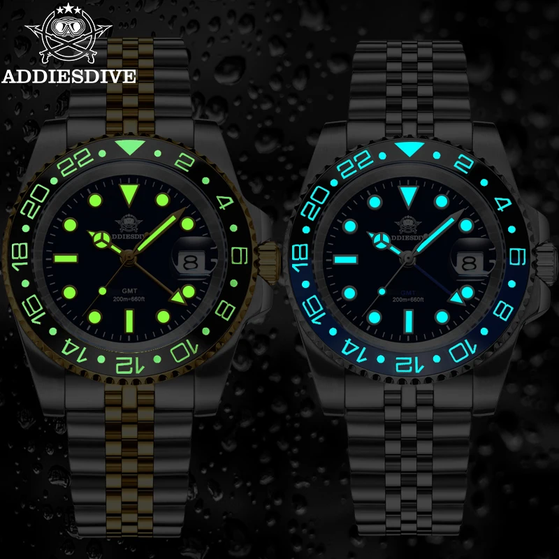 ADDIESDIVE Herrenuhr 200M Tauchen 316L Edelstahl Keramiklünette C3 Super Luminous Swiss Ronda 515-24H GMT Quarzuhr