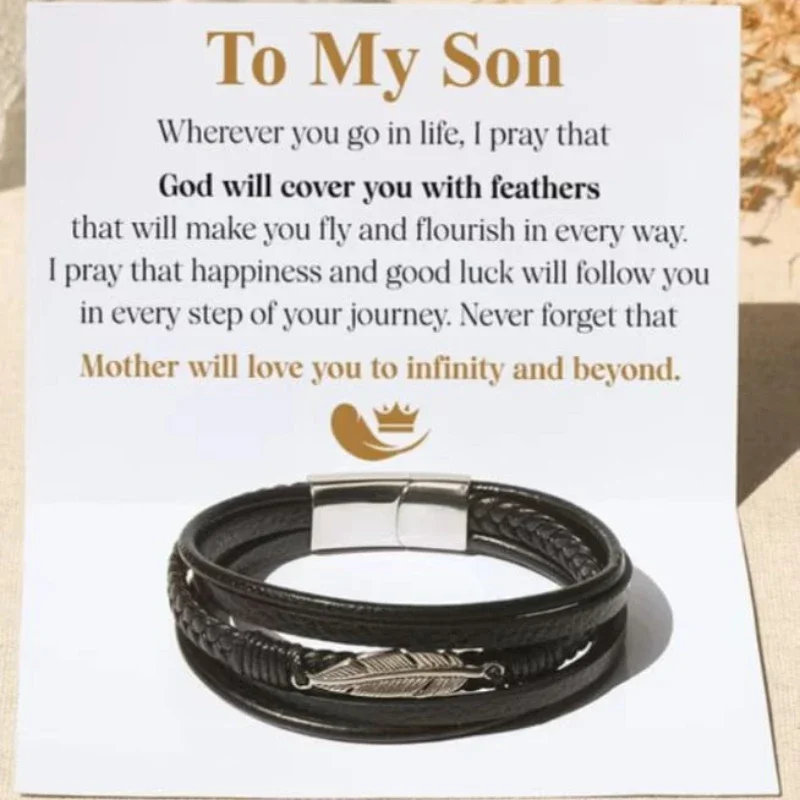 Multi-layer Leather Feather Shape Accessories To My Grandson Bracelet Stainless Steel Leather Bracelet Special Gifts To My Son