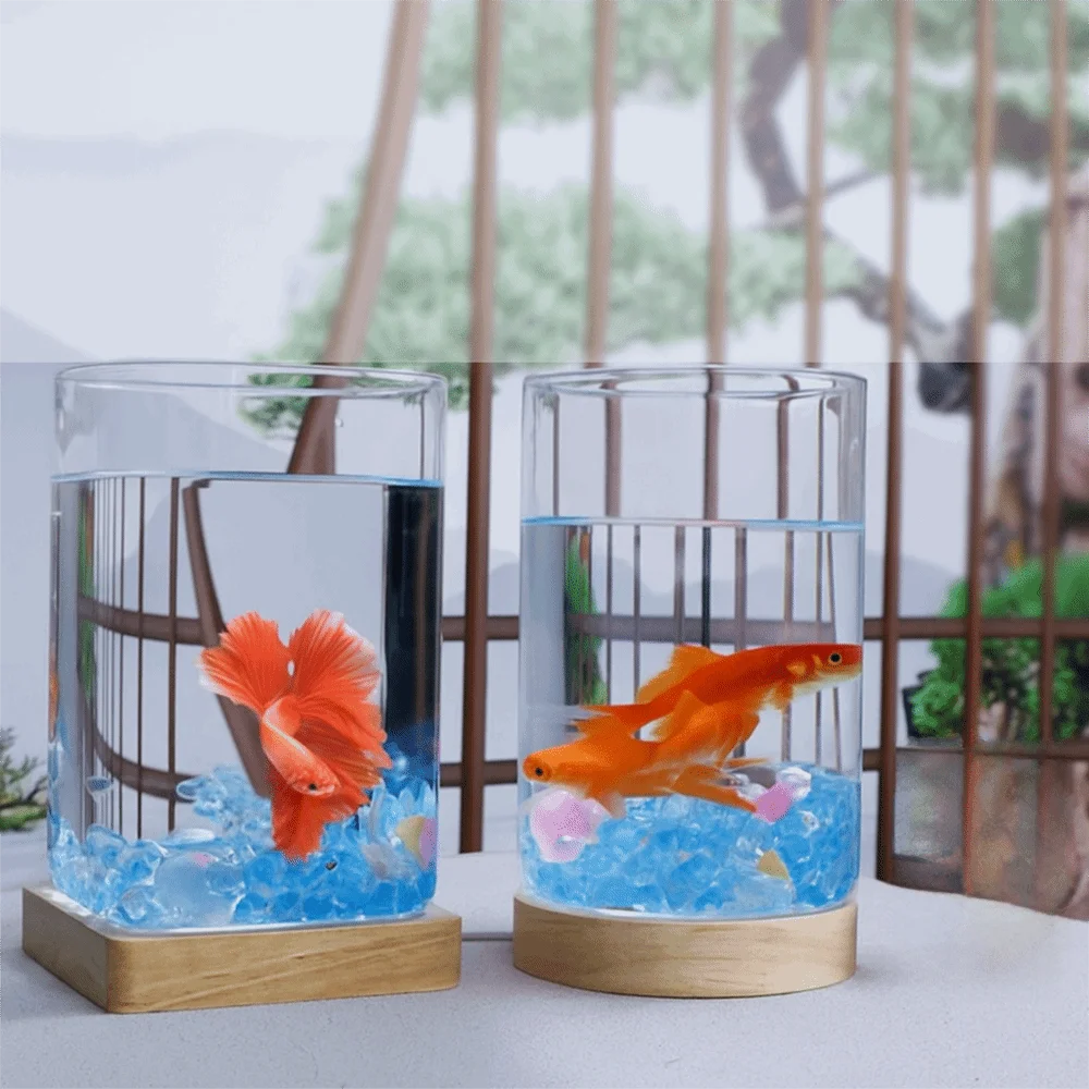 

High Transparency Desktop Fish Tank Round/Square Glass Betta Fishtank with Base with Light Ecological Tank Fish-farming