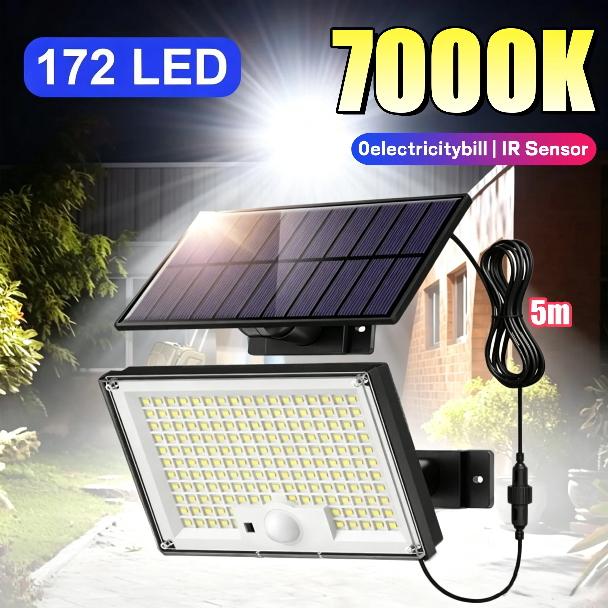 7000K Outdoor Solar Lights 3 Modes IR Sensor Solar Lamp IP66 Waterproof Solar Powered Security Spot Lights for Porch Garage Yard