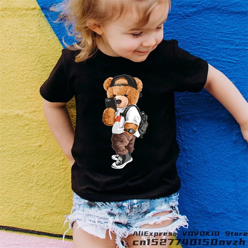 Funny Bear Boy Girl Black Cute Cartoon T-shirt Kid Summer Animal Anime Tops Tee Children Baby Family Group Clothes