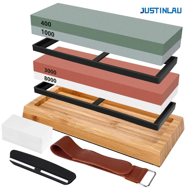

JUSTINLAU Professional Knife Sharpening Stone Kit 400/1000 3000/8000 Grit Non-slip Bamboo Base Double-side Knife Whetstone Tools