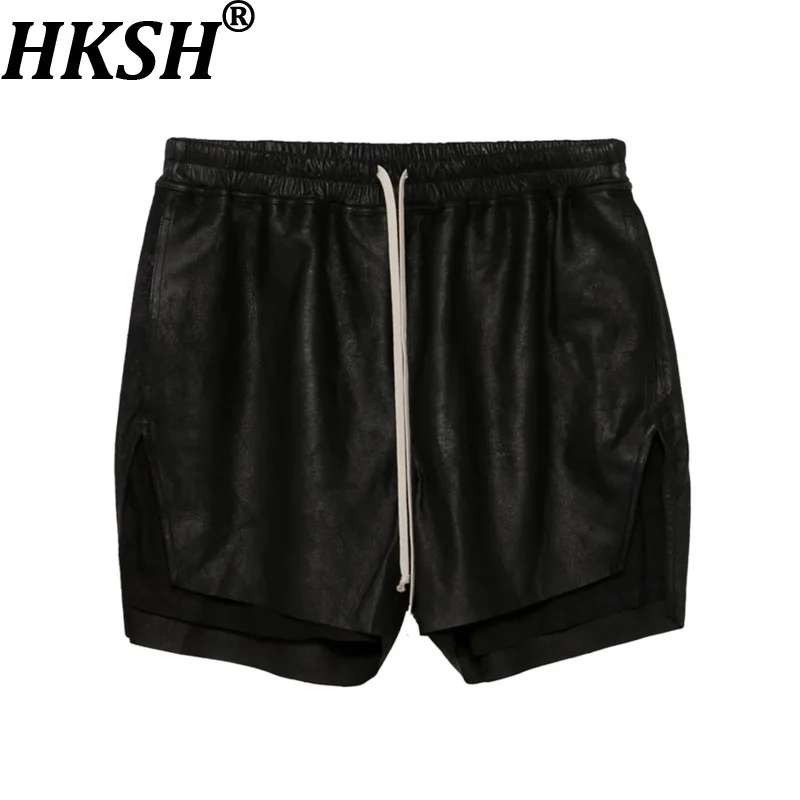 

HKSH Summer New Men Chic Dark Techwear Fashion Casual Drawstring Ins Trendy Sheepskin Leather Patchwork Side Split Shorts HK7282