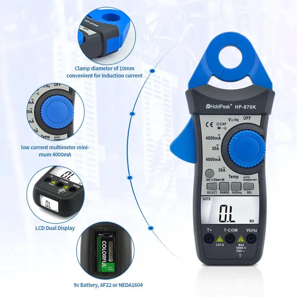 

HoldPeak Digital Clamp Meter HP-870K 4000 Auto Range DC AC Multimeter True RMS Frequency Backlight Diode Test Date Hold Function