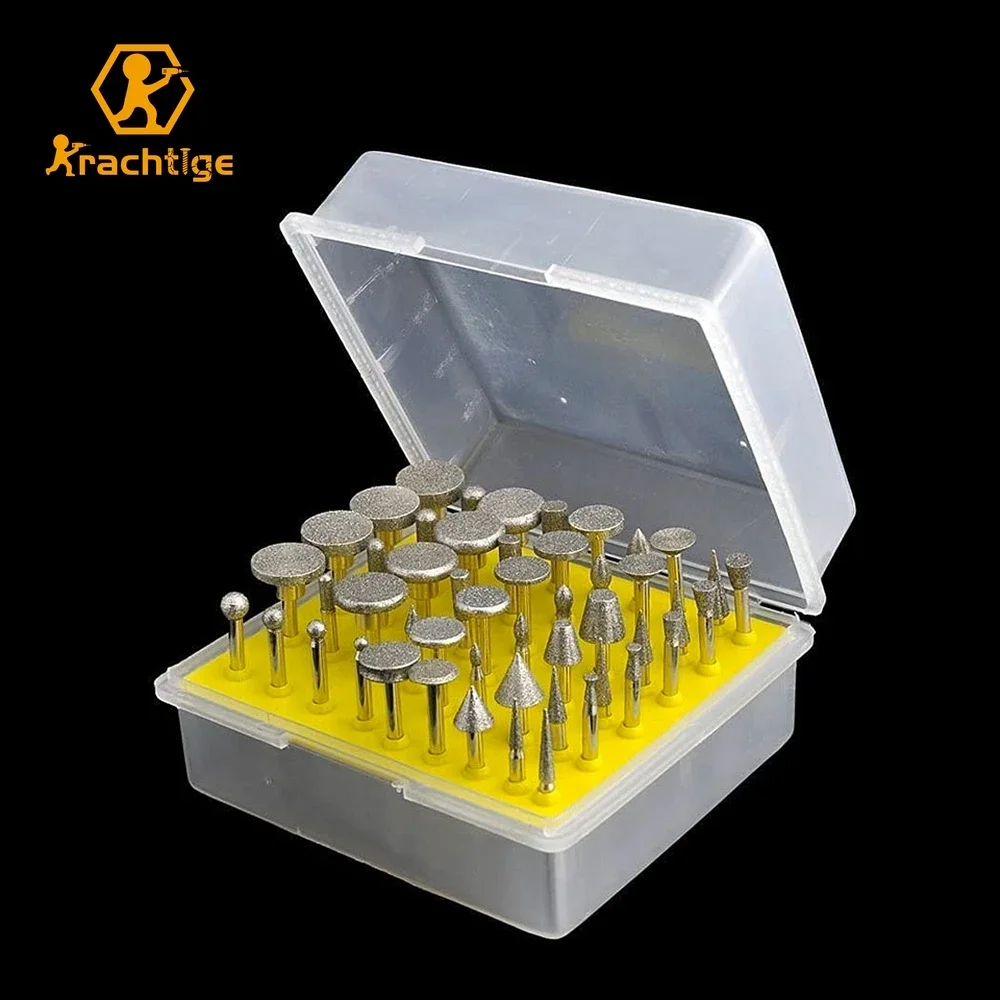 Krachtige-diamante Derrubado Revestido Rotary Moagem Cabeça Jóias de Vidro Burr Lapidary Grit 150 Grinder Cabeça Ferramentas 50 Pcs