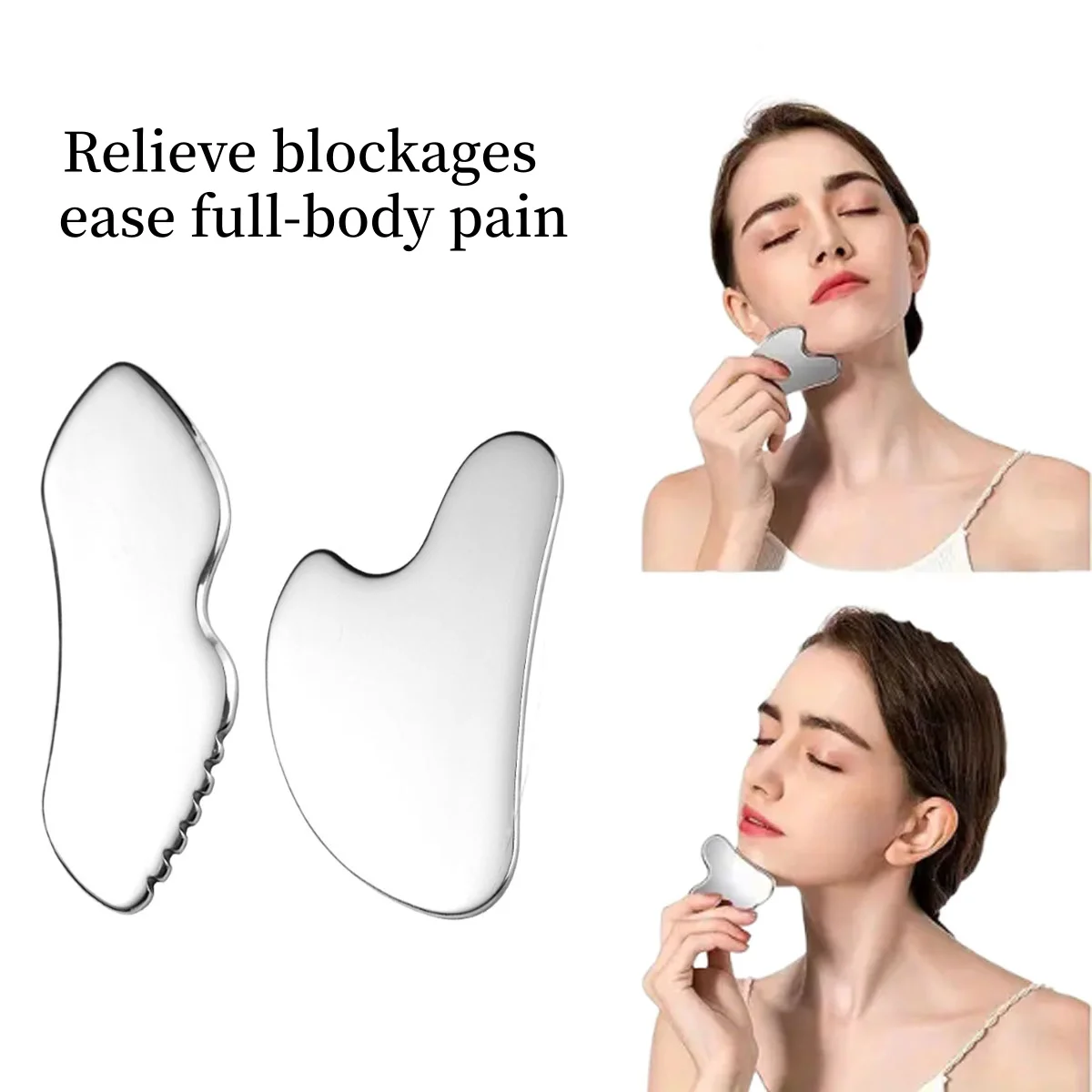 2pcs Stainless Steel Facial Gua Sha Massage Firming Tools Large Size Neck Body Face Metal Scraping Board Beauty Skin Care Set