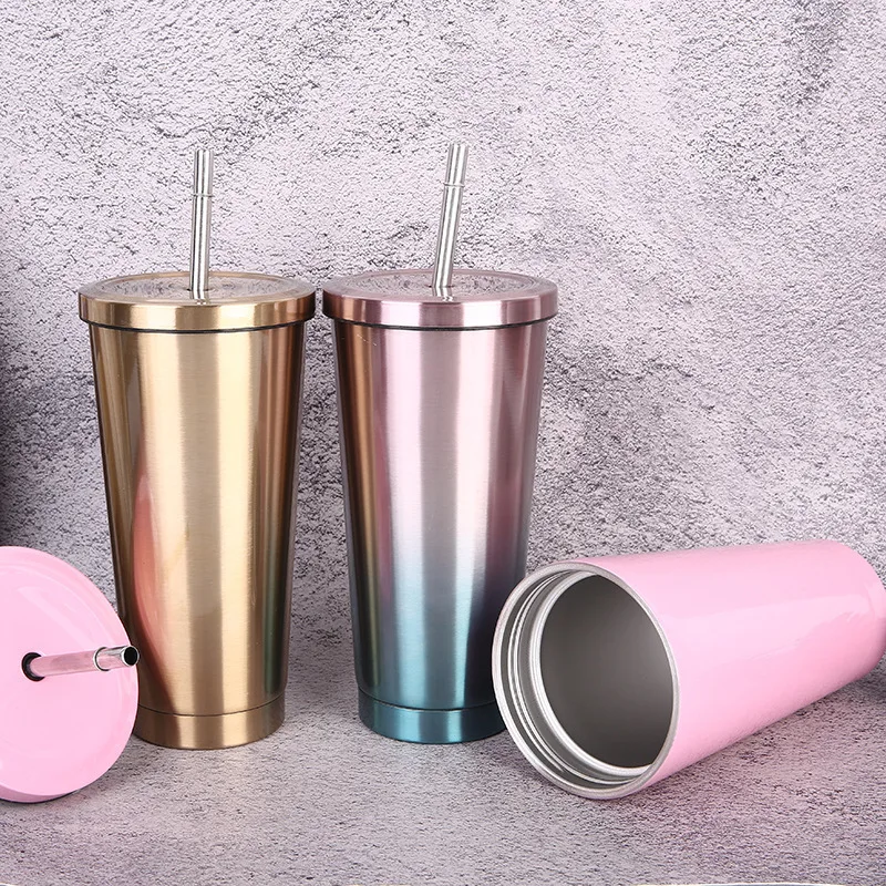 500ml Stainless Steel Mug with Lid Vacuum Double-Layer Tumbler with Straw Insulation Bottle Reusable Coffee Juice Cup Drinkware