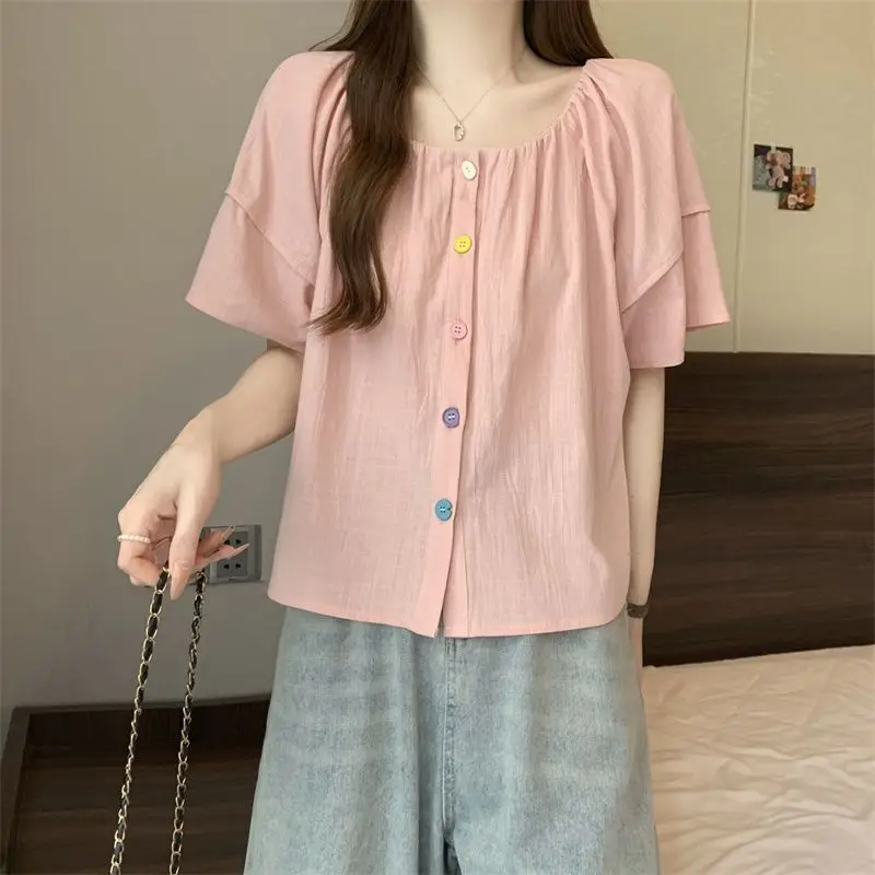 Summer New Korean Solid Color Loos Blouse Short Sleeve O-neck Pleated Simplicity Sweet Shirt Tops Fashion Casual Women Clothing