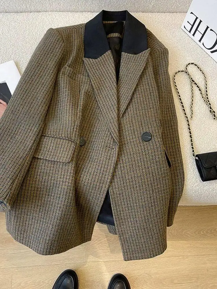 

Женский повседневный костюм больших размеров с цветными блоками, осенне-зимний, свободного кроя, на пуговицах, с длинными рукавами, элегантный, индивидуальный дизайн