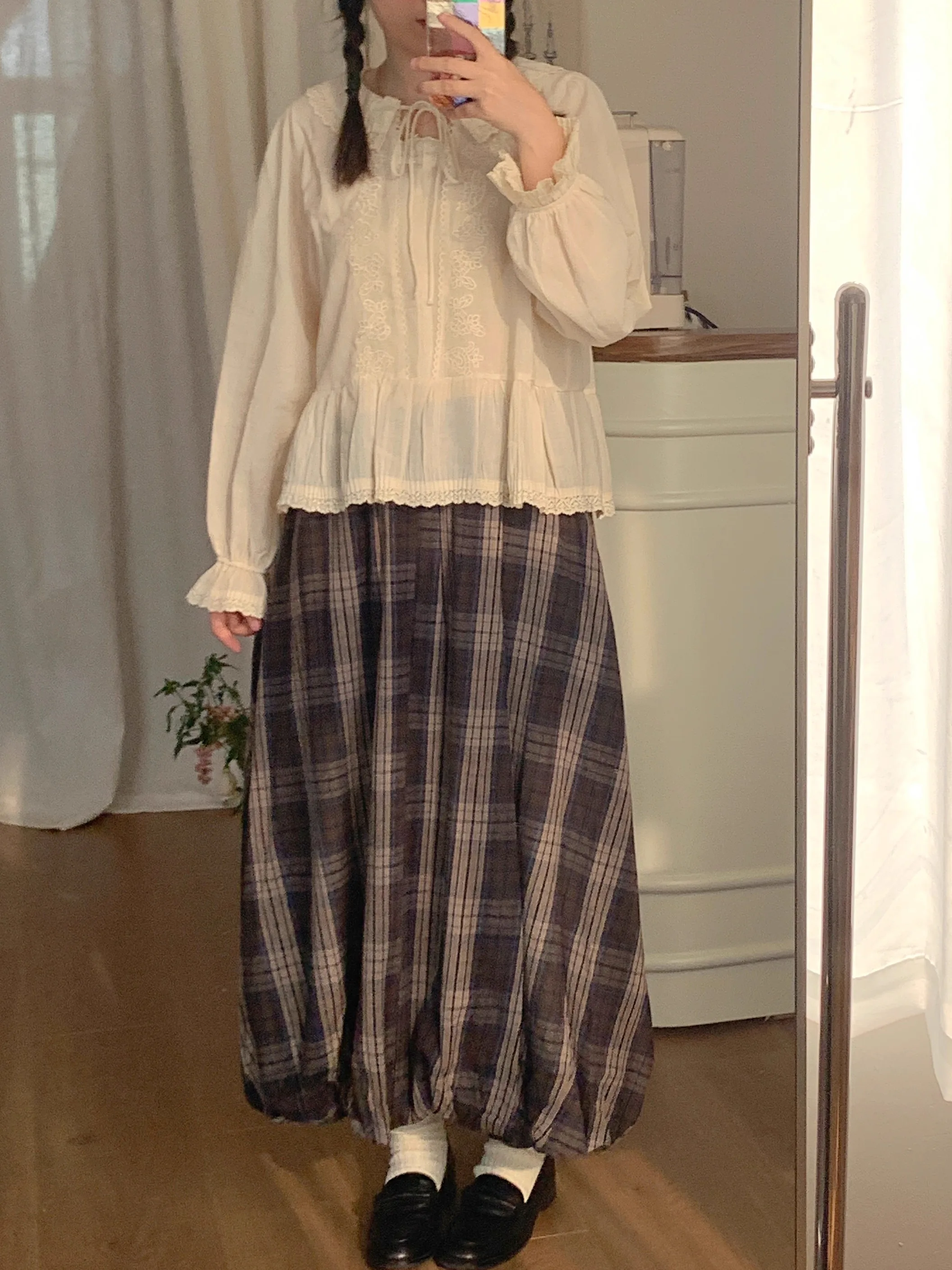 

JOENG Japanese Sle Autumn Winter Plaid Color Blo A-Line Skirt High Waist Cotton Casual Skirts for Women