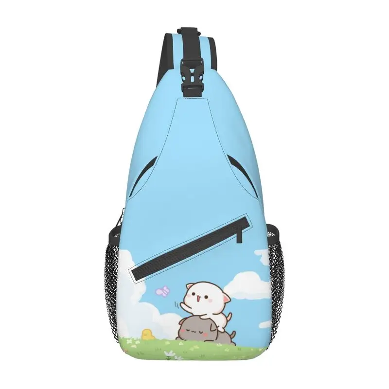 Mochila Crossbody Peach e Goma Sling para homens, bolsa de ombro personalizada Mochi Cat dos desenhos animados, mochila para ciclismo