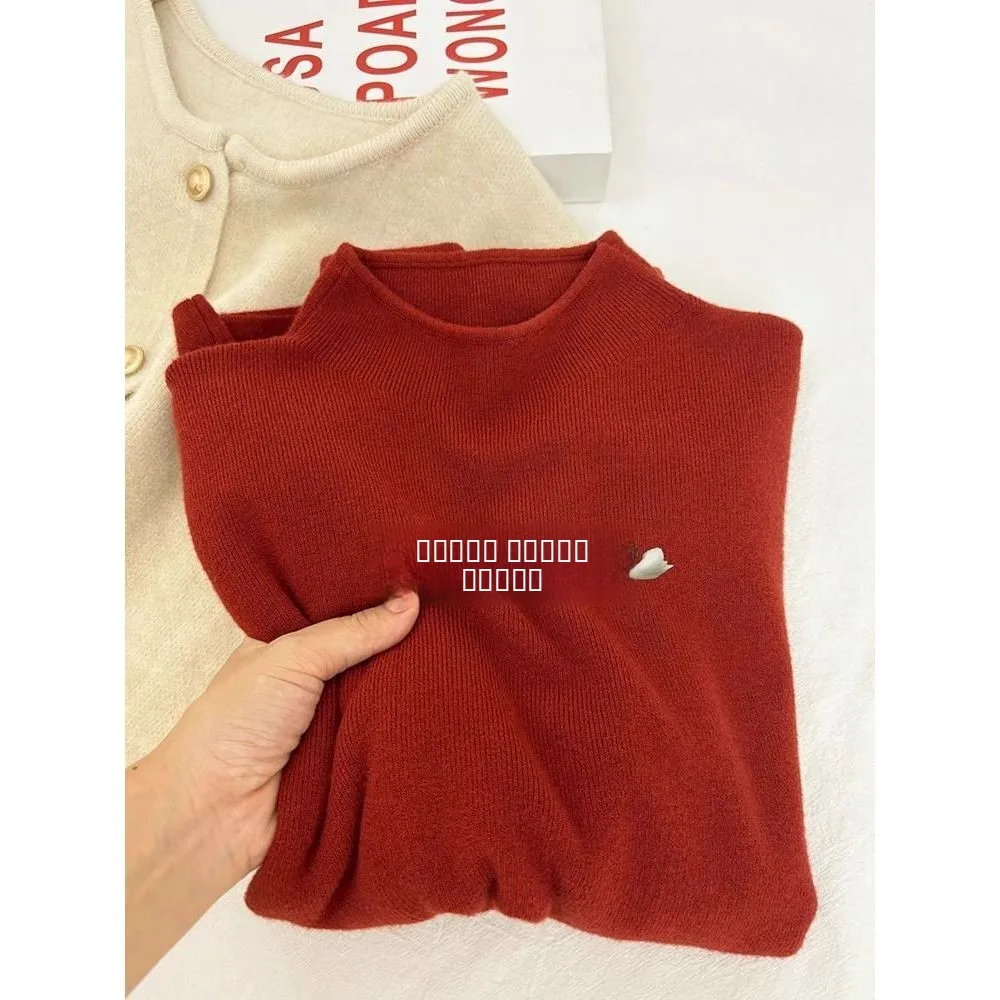 

Ankela Red Knitted Long Sve Base irt Women's Autumn Winter Inner Wear Slim Fit High End Feeling Fufu Knitwear