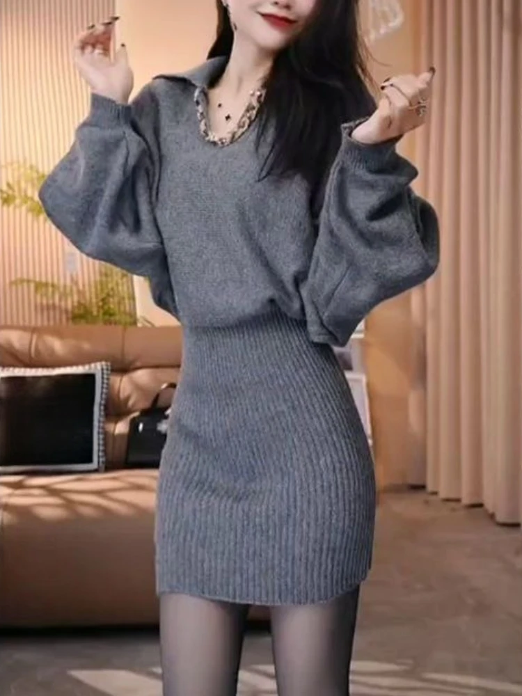 2026 New Loose Batwing V-Neck Knit Dress Refined Fitted Waist Slim Versatile Sweater Dress