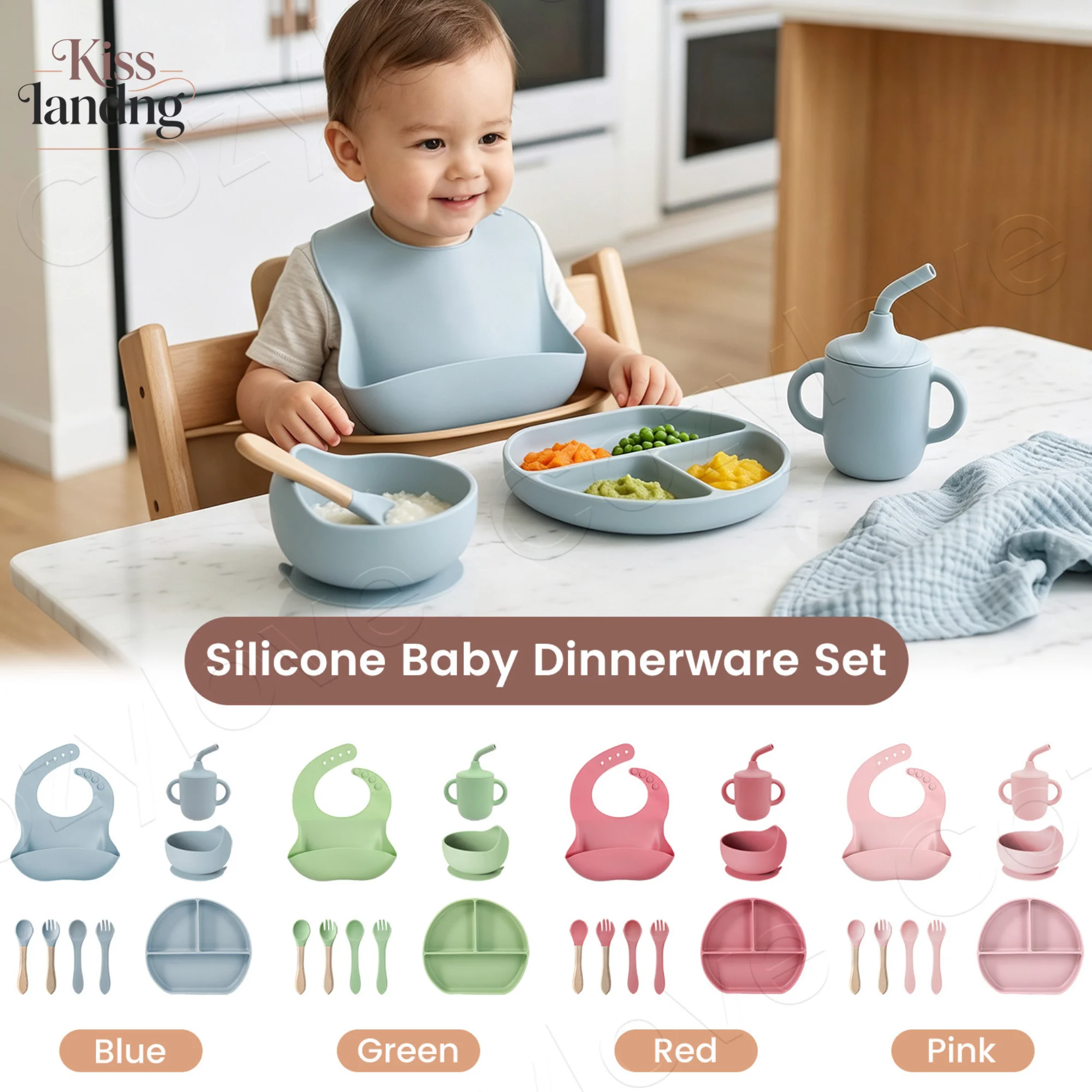 シリコン製ベビー食器セット、bpaフリー幼児用給餌キット（吸盤付きボウル、仕切り皿、よだれかけ、セルフフィーディング用カップ付き）
