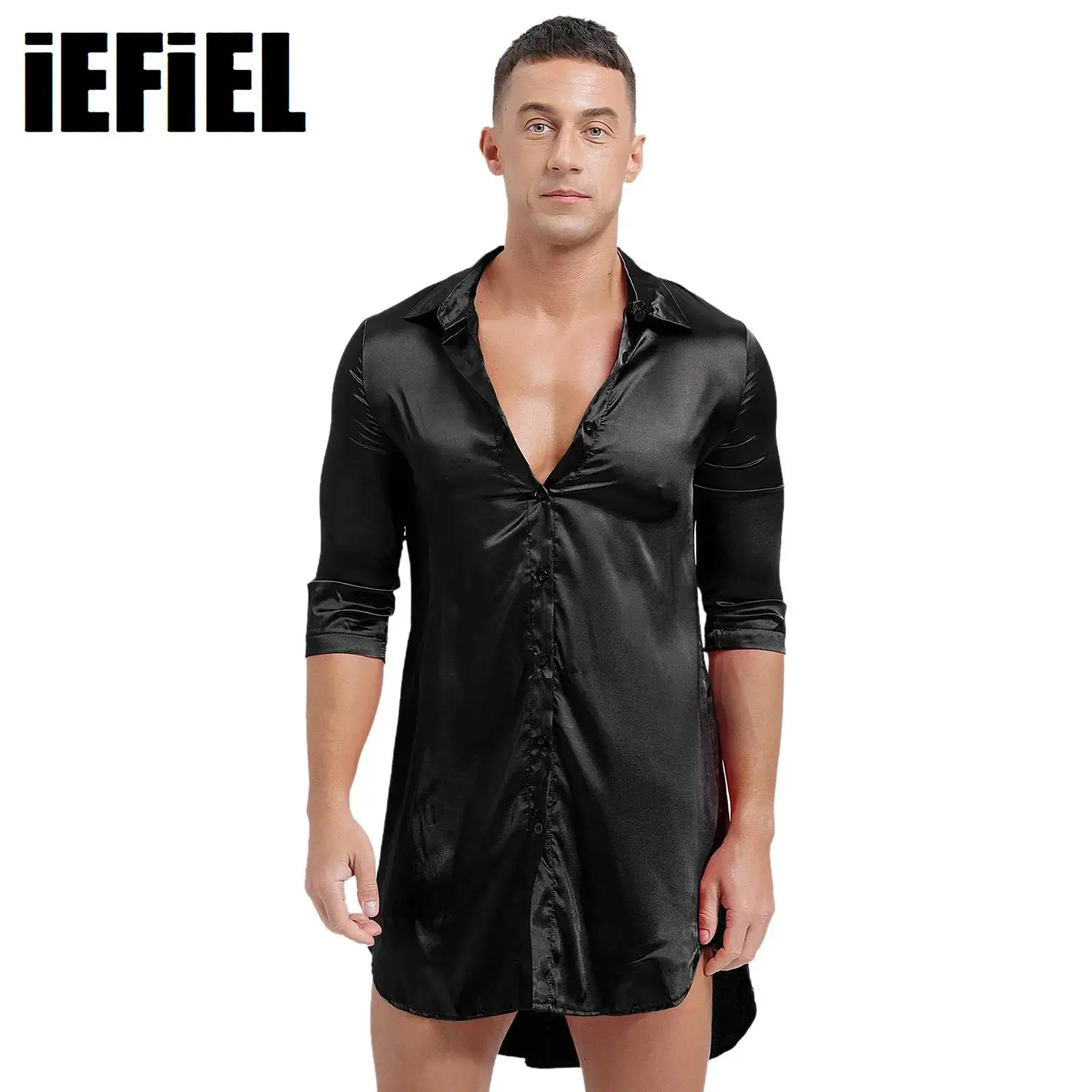 Mens Silky Satin Pajamas Long Loungewear Turn-down Collar Half Sleeve Button-up Curved Hem Sleepwear Sissy Homewear Shirt