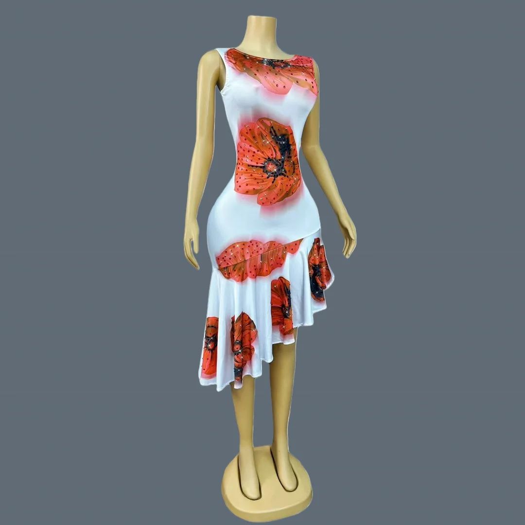 

Women Elegant Ruffle Dress Big Red Flower Printing Dress Rhinestone Bandage Asymmetrical Dresses at Night Party Outfit Huakai