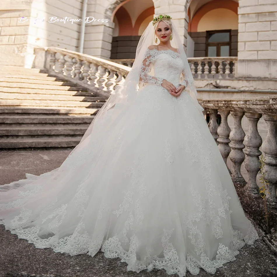 

Элегантное бальное платье по индивидуальному заказу, свадебное платье, сексуальное платье принцессы с вырезом лодочкой и длинными рукавами, винтажное роскошное свадебное платье со шлейфом, Vestido De Noi