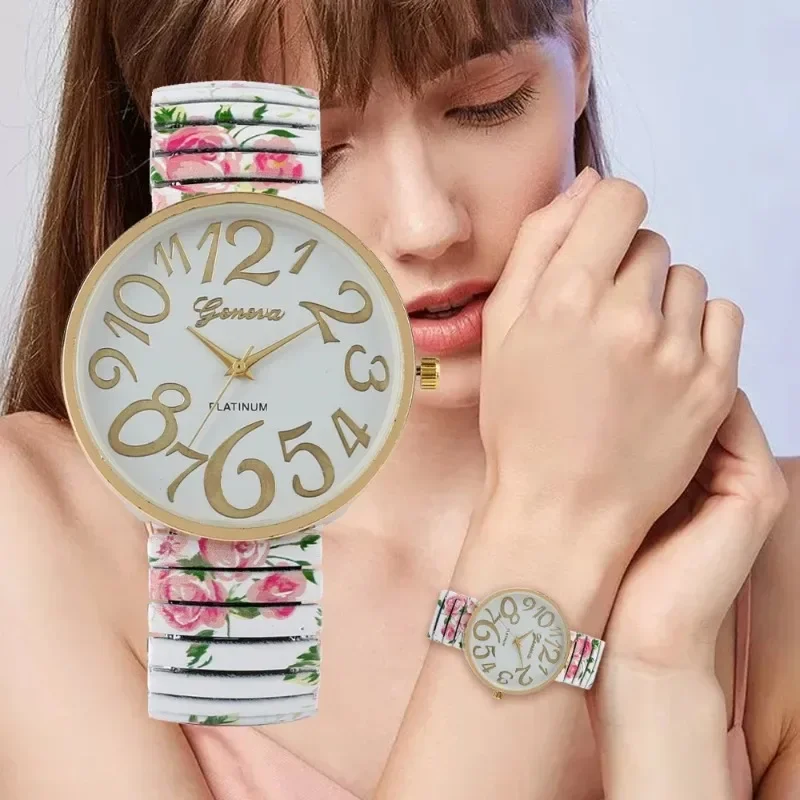 

Quartz Watches for Women Large Arabic Number Ladies Wristwatch Unique Relogio Elastic Printing Strap Girls Watches Reloj Mujer