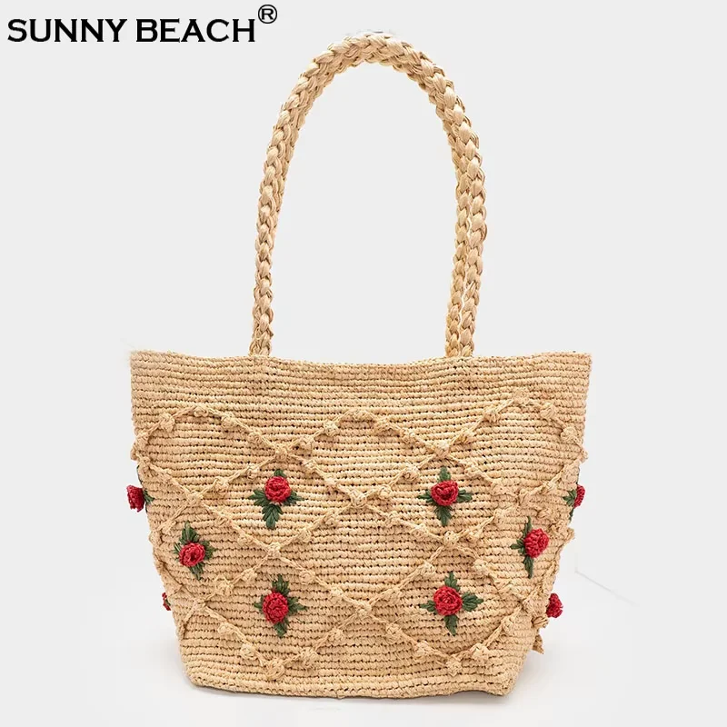 

Модная повседневная большая вязаная сумка из натуральной соломы рафии, пляжная дизайнерская сумка с плетением розы, роскошная сумка-тоут, тканый кошелек