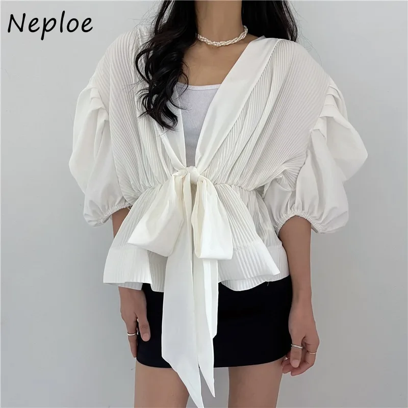 Neploe 2024 Summer New Ruched Shirts Women Y2k Vintage Puff Sleeve Blouses Simple V-neck Slim Waist Ruffles Blusas Mujer