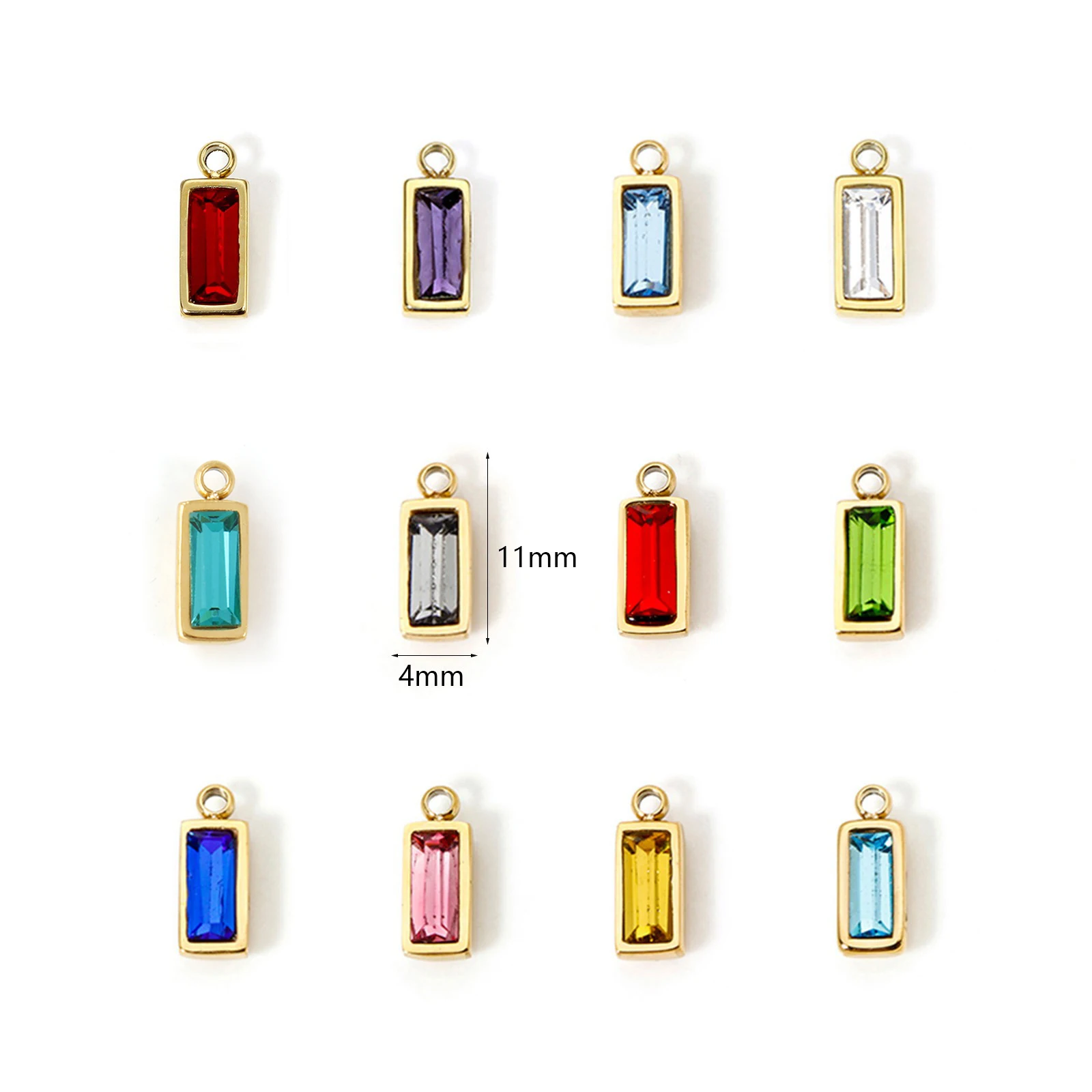 1pc Mini Stainless Steel Birthstone Charms Gold Color Rectangle Multicolour Cubic Zirconia Pendant DIY Necklace Jewelry Findings