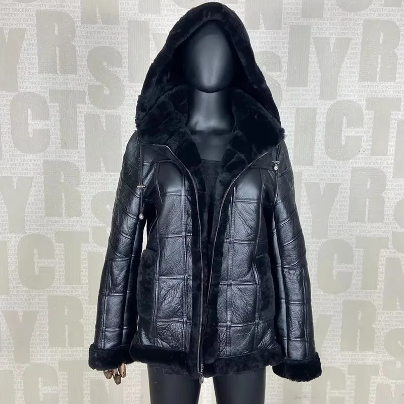 

Дубленка для женщин, куртка из натуральной кожи, женское зимнее теплое пальто с капюшоном, 2024, роскошное высокое качество