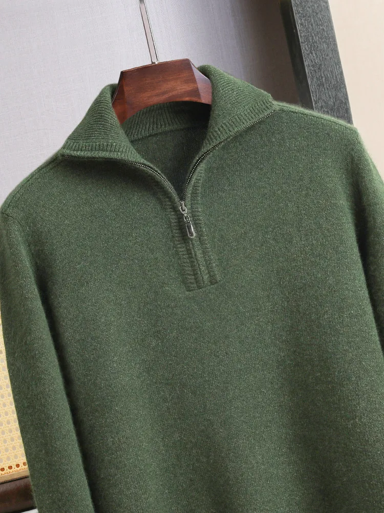Thickened pure cashmere sweater men's semi-high collar zipper solid color sweater young and middle-aged leisure sweater