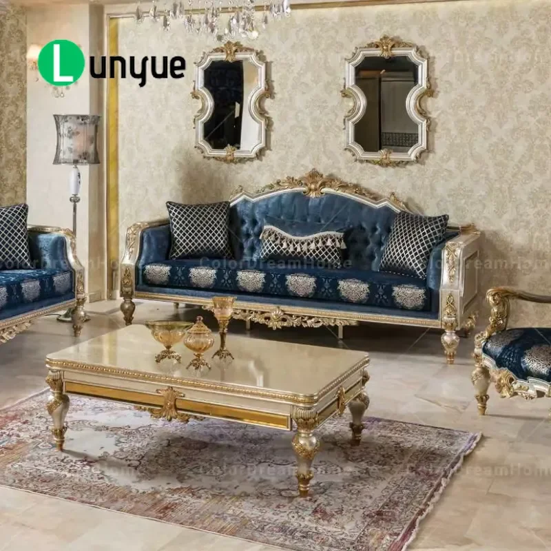 Custom Turkish Antique Style Living Room Furniture Set Luxury Royal Wooden Sofa and Coffee Table for Home Decor Elegant