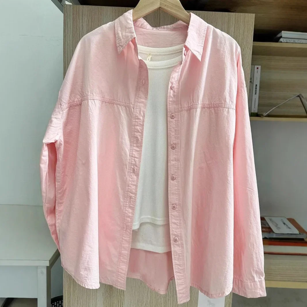 

Pure cotton solid color shirt women's outer wear spring and autumn loose casual and thin versatile stacked wear sunscreen
