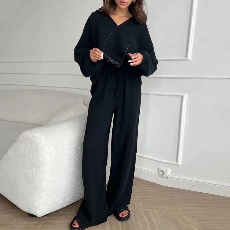 Elegante Damen Casual Lose Anzug Weibliche Lange ärmeln Top + Kordelzug Hosen Anzug Frühling und Herbst Revers Zwei-stück Anzug