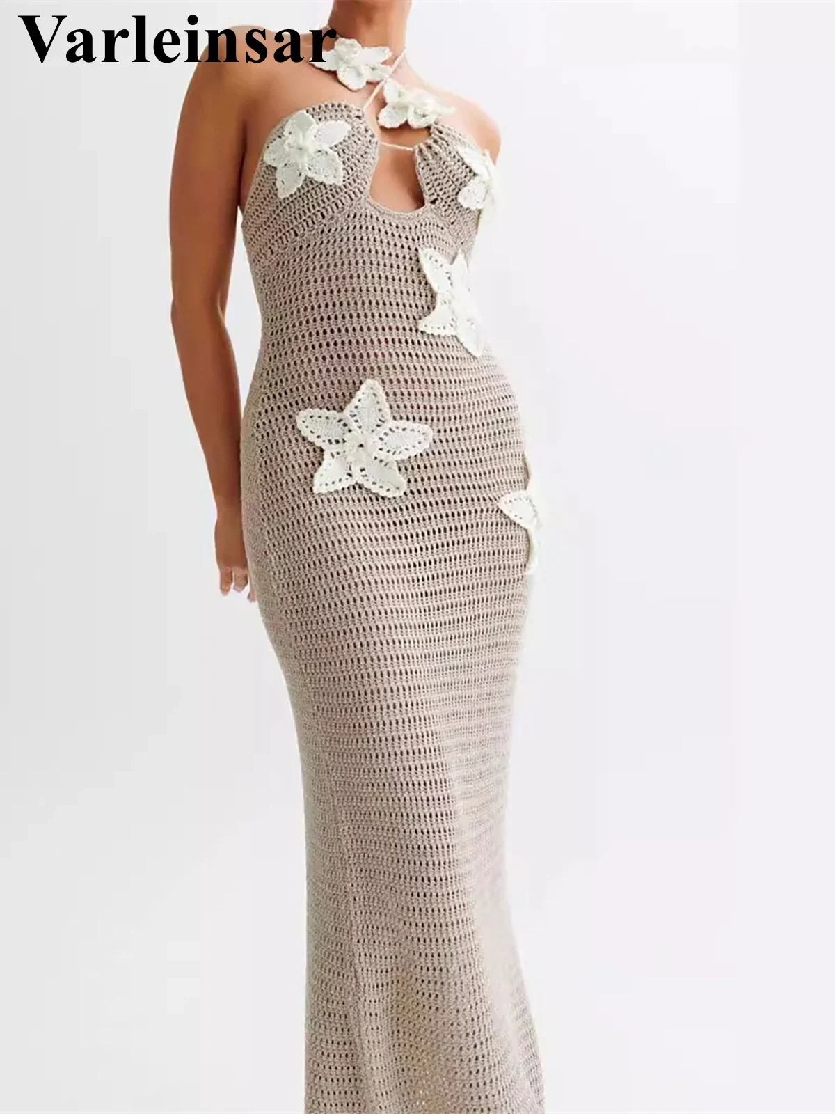 

Вязаная крючком туника с 3D цветами и лямкой на шее, пляжная накидка, пляжное платье, пляжная одежда, пляжная одежда, женская и женская V6216