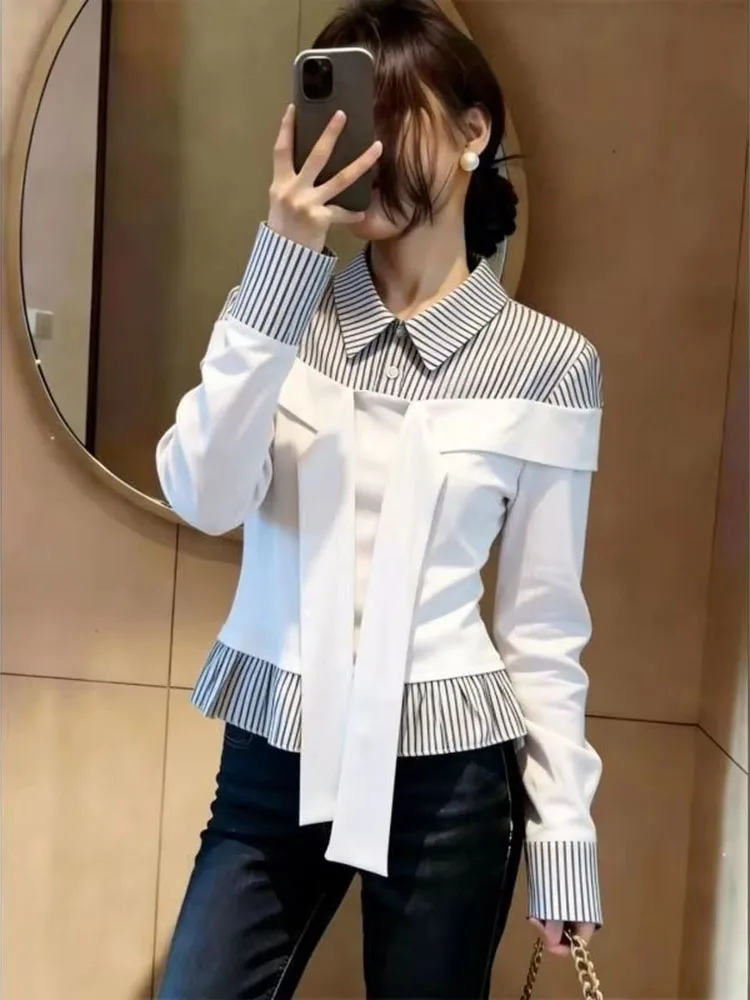 Shirts Women Patchwork Striped Turn Down Collar Bandage Long Sleeve Vintage Elegant Blouse Female Autumn Casual