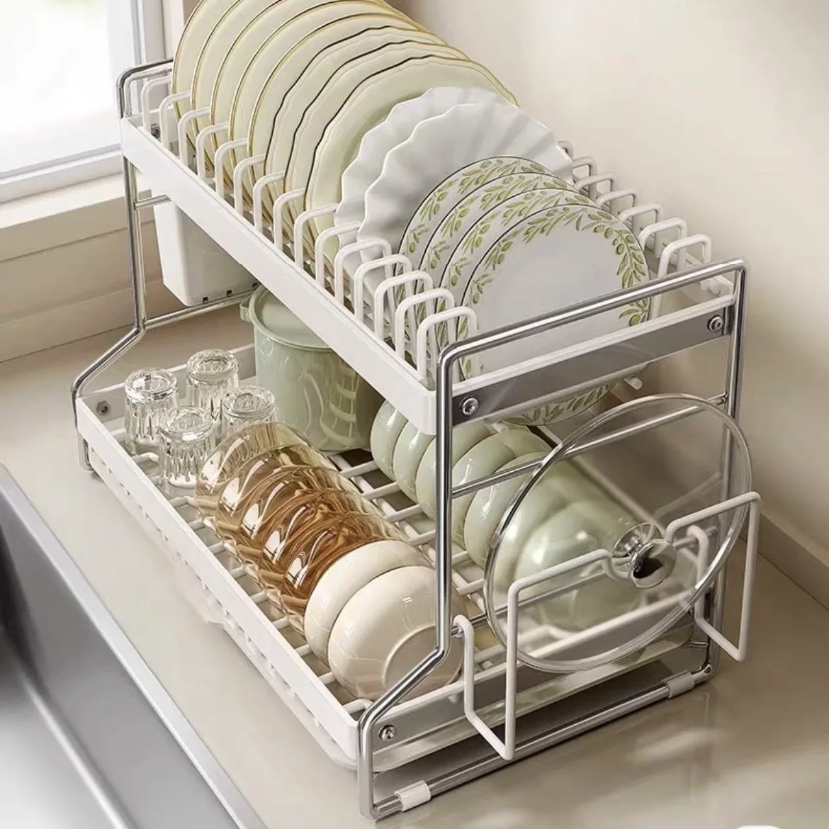 Carbon Steel Dish Drying Rack Kitchen Countertops Cream Two Or Three Tier Organizer Removable Drip Tray Foot Pads Upgraded