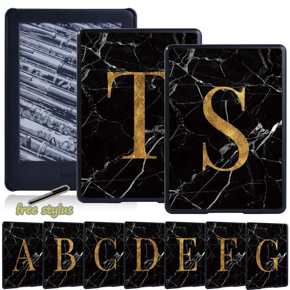 Tablet Back Case for Kindle Ereader Paperwhite 1/2/3/4/Kindle 8th 2016/10th Gen 2019 Black Marble 26 Letters Hard Shell Cover