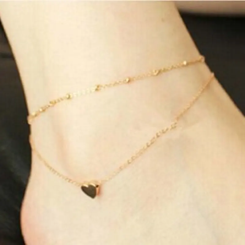 Fashion Double Love Heart Beach Anklet Titanium Steel Heart Anklets Bracelet For Women Barefoot Sandals Foot Jewelry Gift