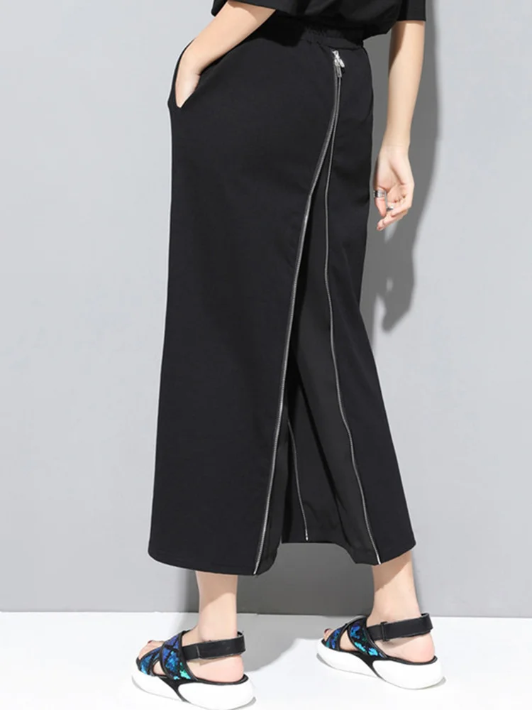 [EAM] High Elastic Waist Black Zipper Two Ways Wear Long Wide Leg Pants New Trousers Women Fashion Tide Spring Autumn 2024 JS994