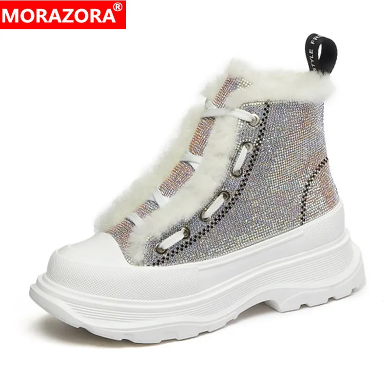 

MORAZORA 2024 New Nature Wool Snow Boots Women Lace Up Platform Winter Boots Rhinestone Warm Ladies Ankle Boots For Women Shoes