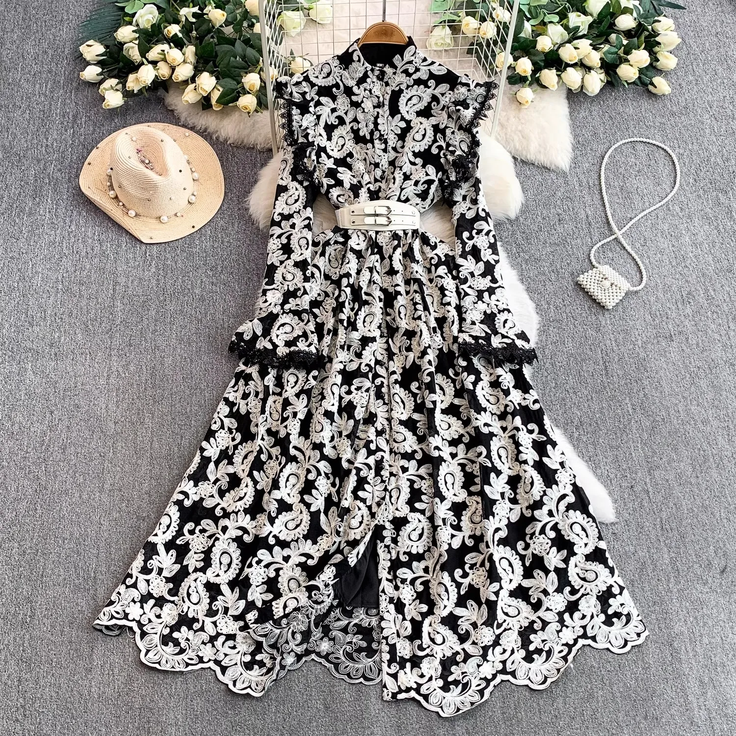 

Кружевное вечернее роскошное платье с вышивкой, женское осеннее однобортное платье с длинными расклешенными рукавами и поясом, вечерние длинные халаты, Vestidos