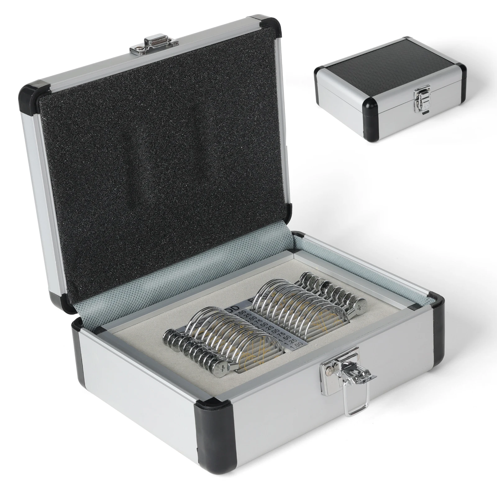 Progressive Optometrie-Testlinsen-Set – 22-teiliges Aluminiumgehäuse mit ADD +1,0 bis +3,5D-Metallöffnungsringe für den genauen Sehtest – Detail 1
