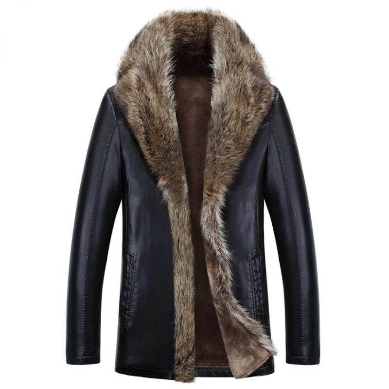 

Casual Leather Jacket for Men 2023 Autumn Winter Warm Mid-length Coats Raccoon Fur Collar Men's Jackets Jaqueta Couro