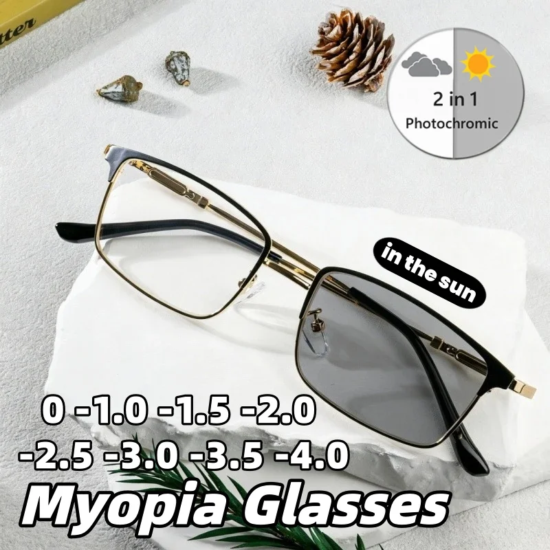 

2026 New Retro Square Frame Photochromic Myopia Glasses Ultra-Lightweight High-Definition Eyeglasses Minus Diopter 0 To -4.0