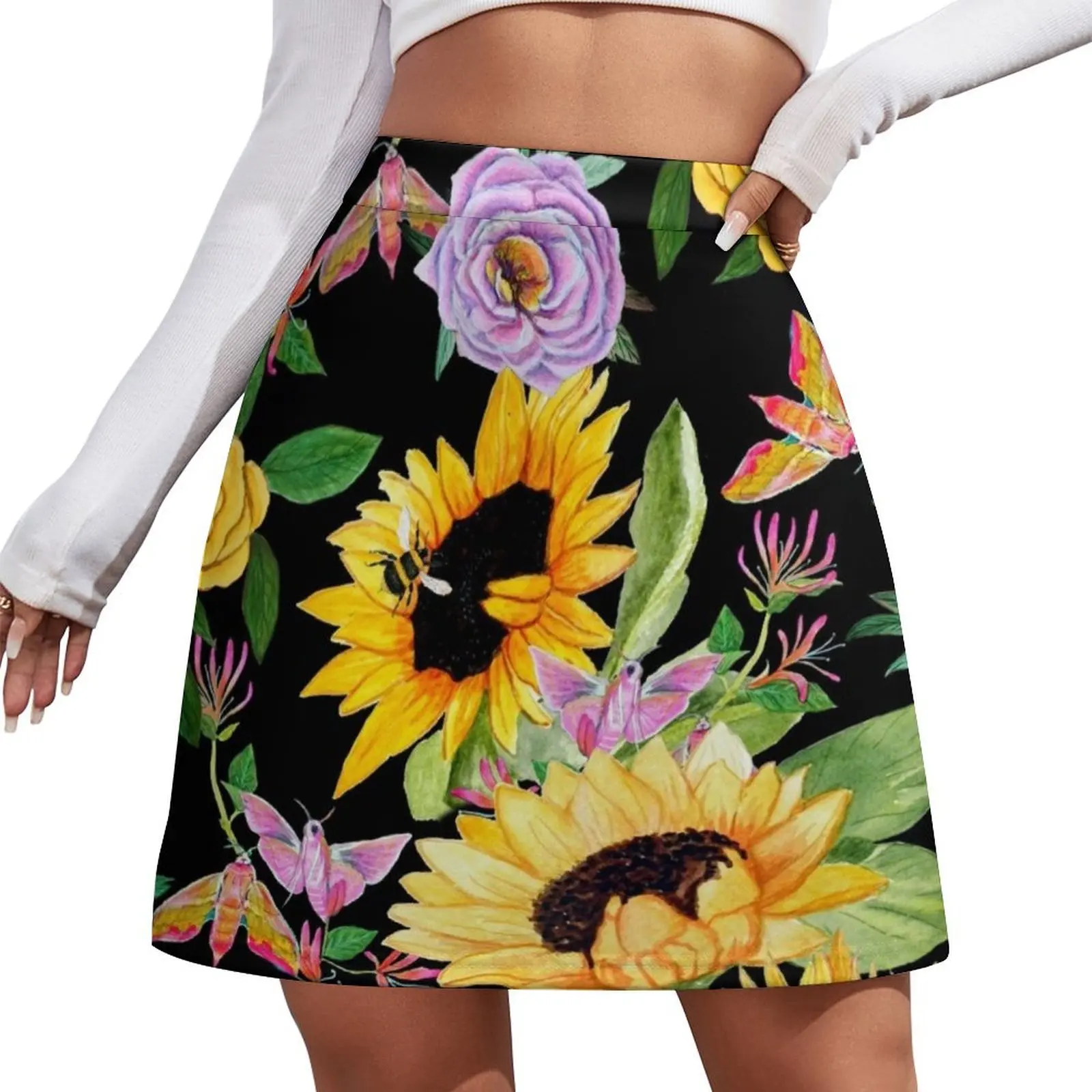 Honey bee , Sunflower , moth and peony in yellow, pink and lilac on black Mini Skirt fairy grunge Dresses