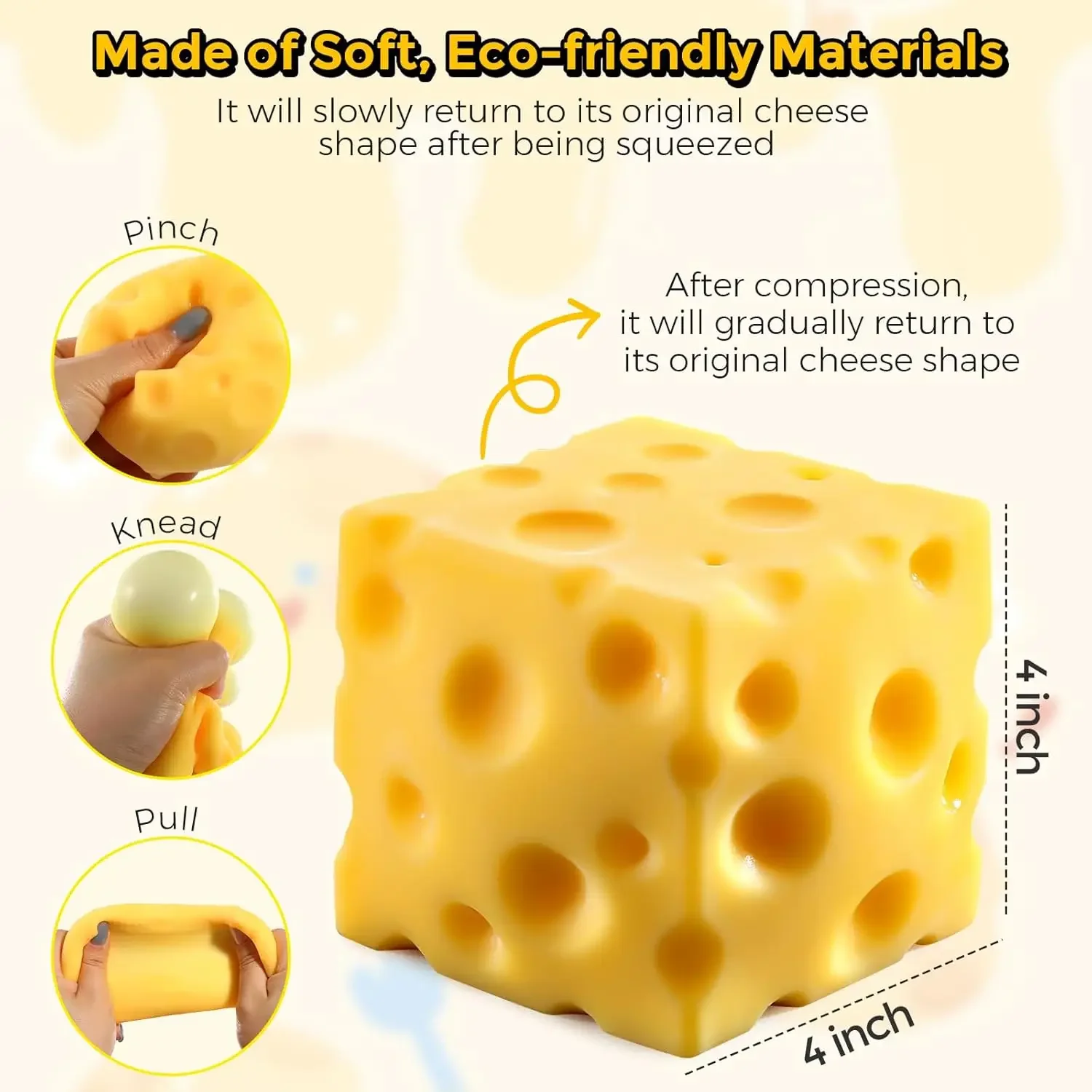 Big Cheese Squishy (10cm), Jumbo Squishy Cheese Block Stress Relief Fidget Toy,Large Size Viral Squeeze Toys for Holiday & Birthday Gifts (4 Inch) - Detail 1