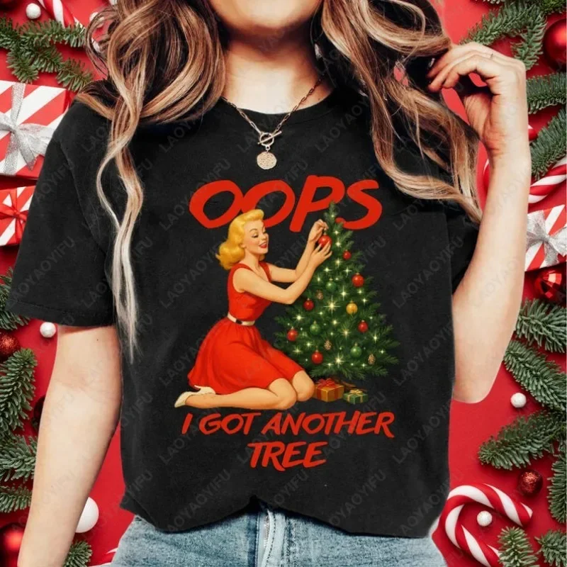 Oops I Got Another Tree T-Shirt Funny Christmas Graphic Tee for Women Vintage Christmas Shirt Holiday Graphic Tshirt Funny Tops